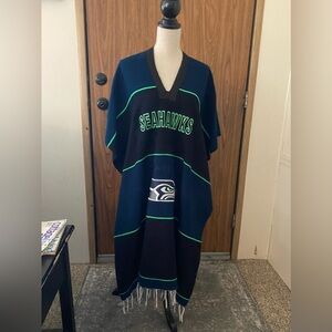 Seattle Seahawks Poncho with Fringe. Mexican blanket style, wool feel, One size